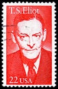 Postage stamp printed in United States shows T.S. Eliot 1888-1965, Poet, Literary Arts Series serie, circa 1986