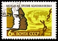 Postage stamp printed in USSR Russia devoted to International `Solidarity of Youth against Colonialism`, circa 1962