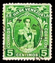 Postage stamp printed in Venezuela shows Bust of SimÃÂ³n BolÃÂ­var, 5 c - Venezuelan cÃÂ©ntimo, serie, circa 1914