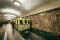 Retro subway train of A series stands by the platform. Trains of A series were made from 1934 yy Royalty Free Stock Photo
