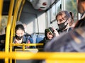 Moscow. Russia. September 24, 2020. Selective focus on a young girl in a protective mask in a city bus