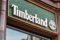 Moscow, Russia - September 13, 2019: Timberland sign. Signboard of american global manufacturer and seller of outerwear and shoes Royalty Free Stock Photo