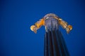 Titanium monument to first astronaut Yuri Gagarin on Gagarin Square at evening dusk