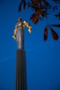 Titanium monument to first astronaut Yuri Gagarin on Gagarin Square at evening dusk