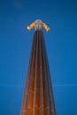 MOSCOW, RUSSIA - SEPTEMBER 17, 2018: Titanium monument to first astronaut Yuri Gagarin on Gagarin Square at evening dusk. April 12