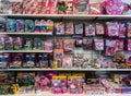 Moscow, Russia, September, 2019: toy Store, Department with goods for girls - a lot of pink boxes with dolls, animals, small