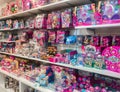 Moscow, Russia, September, 2019: toy Store, Department with goods for girls - a lot of pink boxes with dolls, animals, small