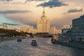 MOSCOW, RUSSIA - September 4,2021: View on the Moskvoretskaya embankment and high-rise building on the Kotelnicheskaya