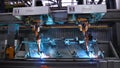 Moscow, Russia - September, 2018: Welding robots movement in car factory. Scene. Movement of robot when welding with Royalty Free Stock Photo