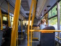 Moscow. Russia. September 14, 2020 Women inside a city bus. On the faces of passengers are protective masks. Prevention