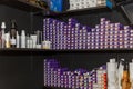 Moscow, Russia, 23/03/2020: Set of boxes with hair dyes on the shelves in a beauty salon