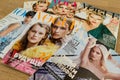 Several Russian Vogue magazines close up. fashion magazines.