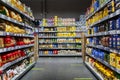 Moscow, Russia, 05/15/2020: Shelves with a large selection of products in a supermarket. Marking for the social distance of buyers