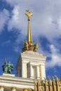 Moscow, Russia - 07.09.2023 - Shot of the sculpture on the top of the main entrance of the Exhibition of Achievements of National