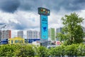 Moscow, Russia, 05/21/2020: A sign with the inscription Mega in Khimki. View of the shopping and entertainment center from the Royalty Free Stock Photo