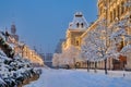 Covered Snow Trees with New Year Balls at GUM in Morning Twilight Royalty Free Stock Photo