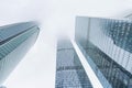 Moscow, Russia, 27/02/2020: Skyscrapers of Moscow City on a foggy cloudy day. View from below