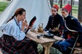 Moscow Russia 06 10 2019: Soldiers of the Ottoman Empire and woman in a military camp historical festival Times and epochs.
