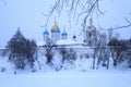 MOSCOW, RUSSIA - Spaso-Preobrazhensky Cathedral in Novospassky monastery in the evening. Winter time Royalty Free Stock Photo