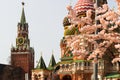 Moscow, Russia, St. Basil`s Cathedral, the Kremlin and Vasilyevsky Descent in the spring surrounded by artificia