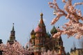 Moscow, Russia, St. Basil`s Cathedral, the Kremlin and Vasilyevsky Descent in the spring surrounded by artificia