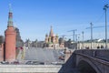 Moscow,Russia, St. Basil& x27;s Cathedral and Kremlin Walls and Tower in Red square in sunny blue sky. Red square is Attractions