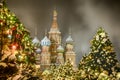 St. BasilÃ¢â¬â¢s Cathedral Framed by Christmas Trees in Snow at Night Royalty Free Stock Photo