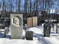 Moscow, Russia, March, 15, 2022. Tombstones on the graves of Alexey Borisovich Vinogradsky and Georgy Ustinov at the Vagankovsky C