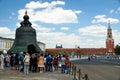 MOSCOW, RUSSIA - 06 14 2016: Tourists in Moscow Kremlin beside the Tsar Bell, a masterpiece of Russian casting Royalty Free Stock Photo