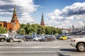 Moscow, Russia, 08/06/2019: Traffic on the road near the Kremlin. Sunny day, beautiful cityscape