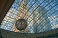 Moscow, Russia - 30.07.2022: Transparent roof with hanging ball of Afimall shopping center in Moscow International