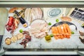 Moscow, Russia, 09.06.2018: Various seafood on the shelves of the fish market