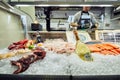 Moscow, Russia, 09.06.2018: Various seafood on the shelves of the fish market