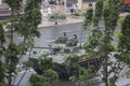 Moscow, Russia - 18.06.2020 Victory Day Parade rehearsal. Russian army soldiers on a armored vehicle tank turret behind trees