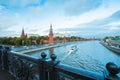 View From Big Stone Bridge On Moscow Kremlin with Floating Ship Royalty Free Stock Photo