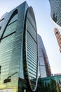 View of the Empire Tower of the Moscow City International Business Center on a winter sunny day in the evening. Moscow, Russia