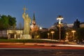 Light Trails at Monument to Prince Vladimir in Spring Twilight Royalty Free Stock Photo