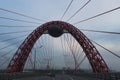 Hivopisny Bridge with cable-stayed red steel arch. Summer Day shot from a highway road with cars on Krasnopresnensky avenue