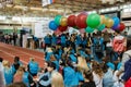 Moscow, Russian, 12 june: group of students volunteers with colorful balloons at the Korean festival