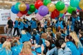 Moscow, Russian, 12 june: group of students volunteers with colorful balloons at the Korean festival