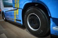 MOSCOW, SEP, 5, 2017: Close up side view on blue bolster-type truck Volvo FH 540 exhibit on Commercial Transport Exhibition ComTra