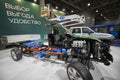 MOSCOW, SEP, 5, 2017: Close up view on Russian off road car UAZ cross section with shown different internal equipment. Car inside