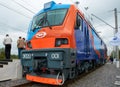 MOSCOW, SEP,08, 2011, Exhibition EXPO1520: Front view on Russian electric locomotive EP20. New modern high speed Russian loco