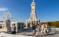 Northern River Terminal, or Rechnoy Vokzal in Moscow, Russia. People visit rooftop terrace of old building in Soviet style