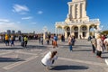 Northern River Terminal, or Rechnoy Vokzal in Moscow, Russia. People visit rooftop terrace of old building in Soviet style