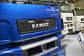 MOSCOW, SEP, 5, 2017: Russian truck KAMAZ logo on engine hood. Famous Kamaz trucks. Car exhibits on Commercial Transport Exhibitio