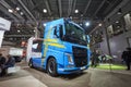 MOSCOW, SEP, 5, 2017: View on blue bolster-type truck Volvo FH 540 exhibit on Commercial Transport Exhibition ComTrans-2017. Comme