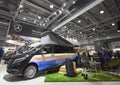 MOSCOW, SEP, 5, 2017: View on camping car minivan Mercedes Benz Marco Polo with green grass lawn bbq place exhibit on Commercial T