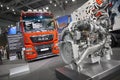 MOSCOW, SEP, 5, 2017: View on red MAN truck and diesel truck engine - exhibits on Commercial Transport Exhibition ComTrans-2017. M