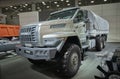 MOSCOW, SEP, 5, 2017: View on serial off-road URAL mud truck for hard to reach areas. Off road cargo trucks for civil military tra Royalty Free Stock Photo